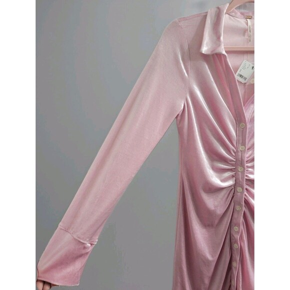 FREE PEOPLE Sz Small Shayla Pink Velvet Long Sleeved Button-Up Mini Dress Preppy - Picture 4 of 8